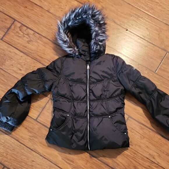Black Puffer Jacket Girls Size 14 with Faux Fur Hood By Hawke & Co. - Picture 1 of 8